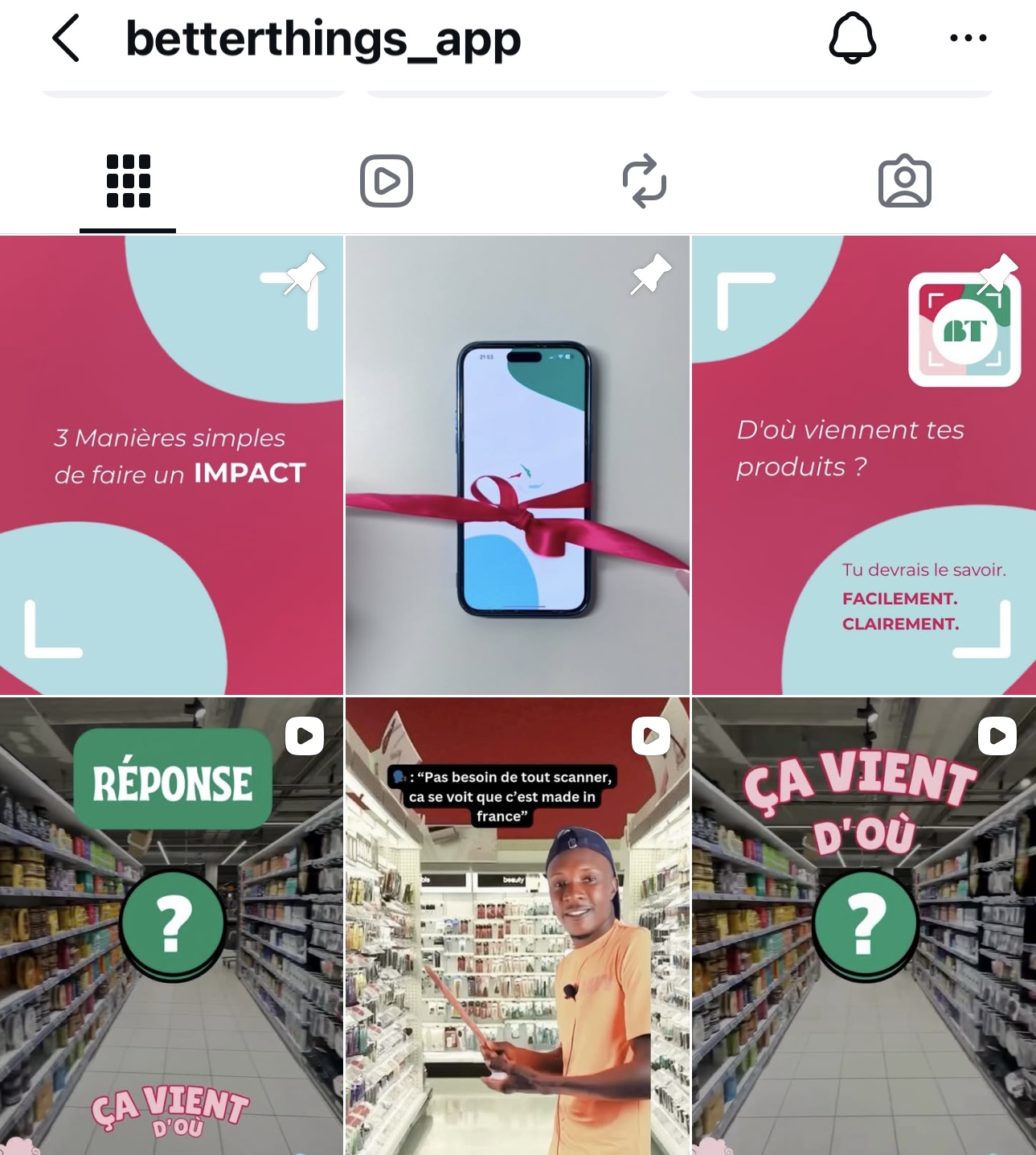 BetterThings Instagram (@betterthings_app) content grid of French sustainability videos